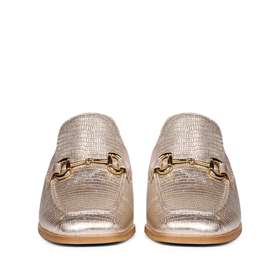 Women's Gold Metallic Lizard Print Horsebit Mules, Front View — Best Ladies Shoes UK
