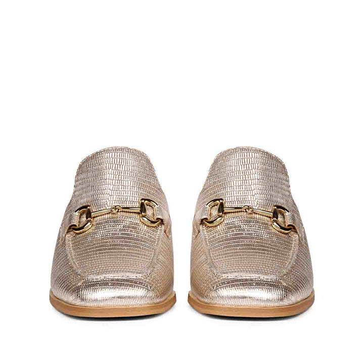 Women's Gold Metallic Lizard Print Horsebit Mules, Front View — Best Ladies Shoes UK