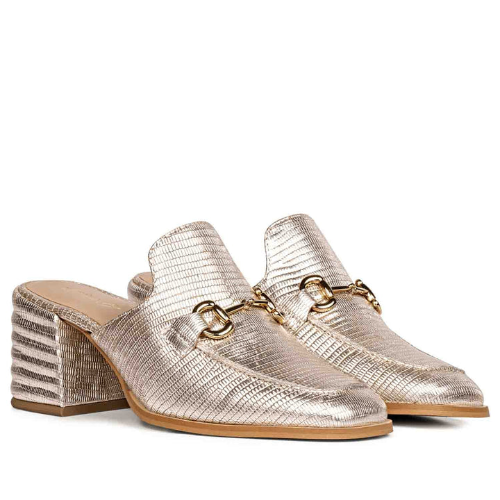 Ladies Gold Metallic Lizard Print Mules, Pair Angled View — Women's Shoes UK