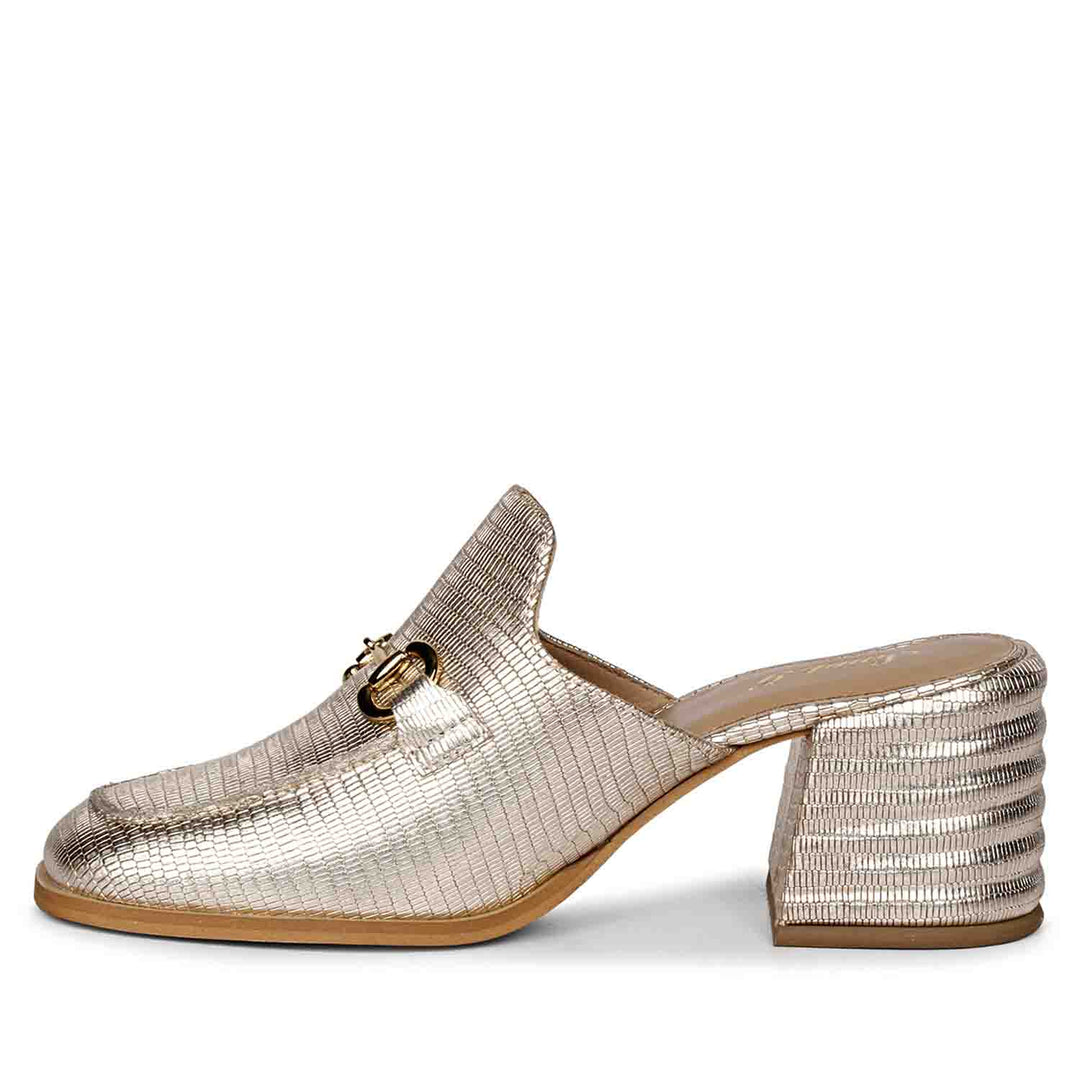 Best Women's Gold Metallic Lizard Print Mule, Full Side Profile — Ladies Shoes UK