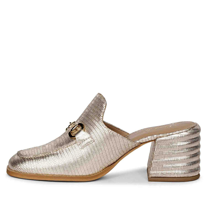 Best Women's Gold Metallic Lizard Print Mule, Full Side Profile — Ladies Shoes UK