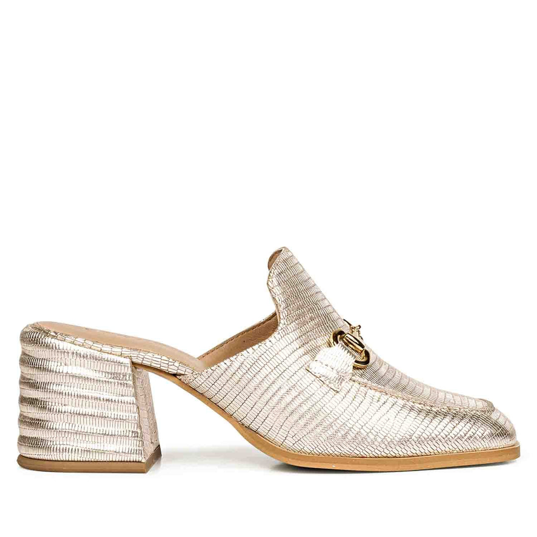 Best Women's Gold Metallic Lizard Print Mule, Side View, Block Heel — Ladies Shoes UK