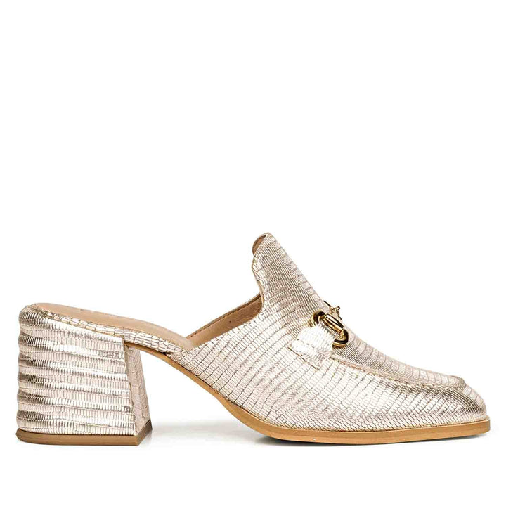Best Women's Gold Metallic Lizard Print Mule, Side View, Block Heel — Ladies Shoes UK