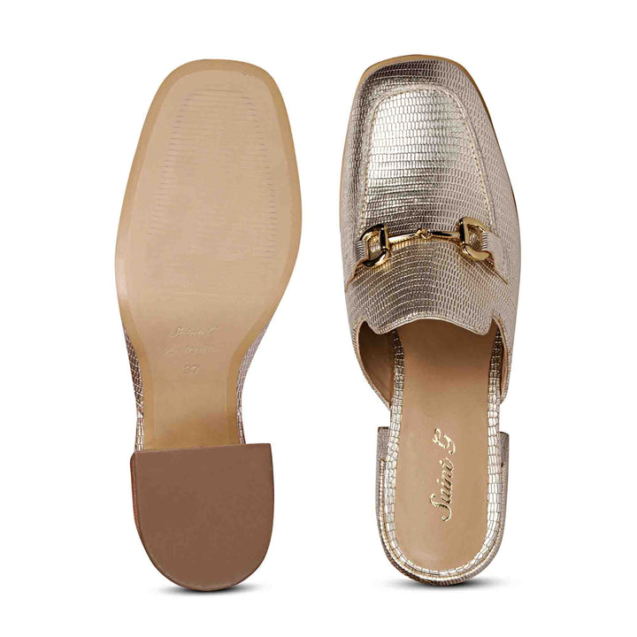 Women's Gold Metallic Lizard Print Mule, Top and Sole View — Ladies Shoes UK