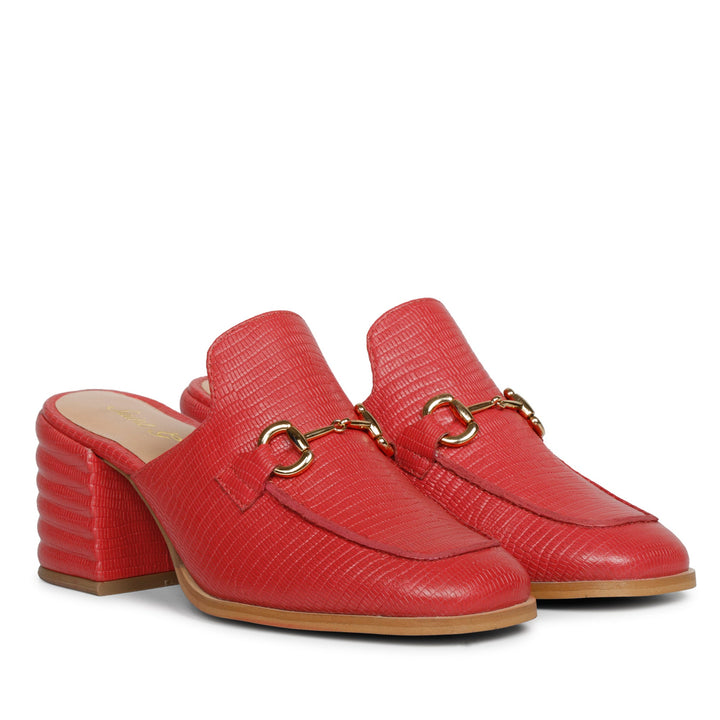 Best Ladies red lizard-print leather mules for women, angled pair view, UK