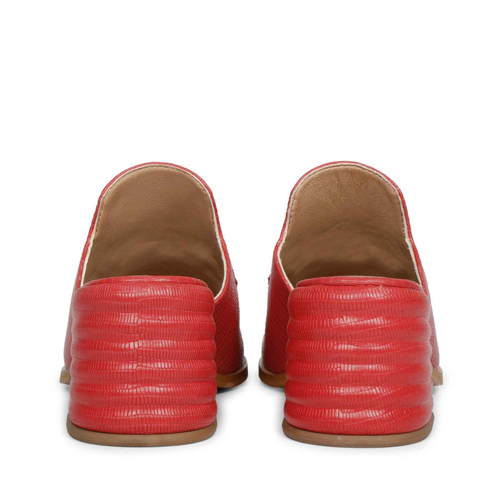Ladies best red lizard-embossed leather mules, open-back heel view, UK
