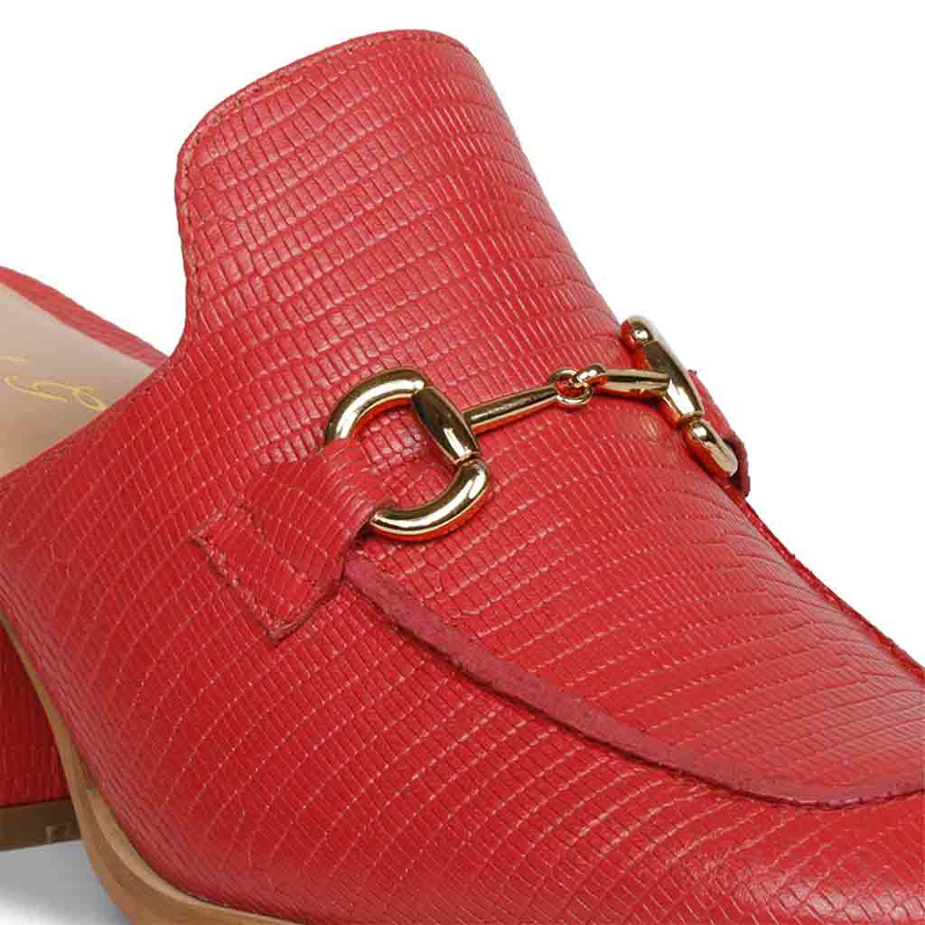 Best Ladies red lizard-embossed leather mule detail, horsebit and texture close-up, UK