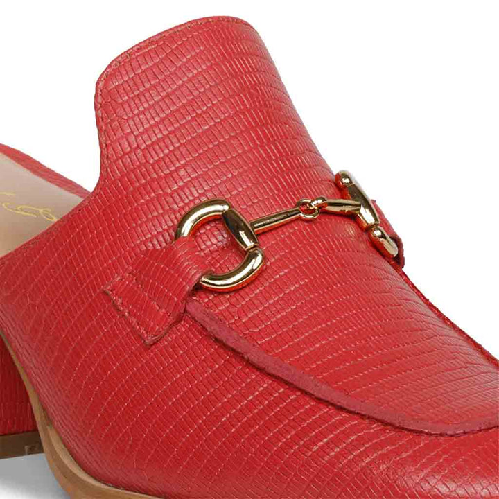 Best Ladies red lizard-embossed leather mule detail, horsebit and texture close-up, UK