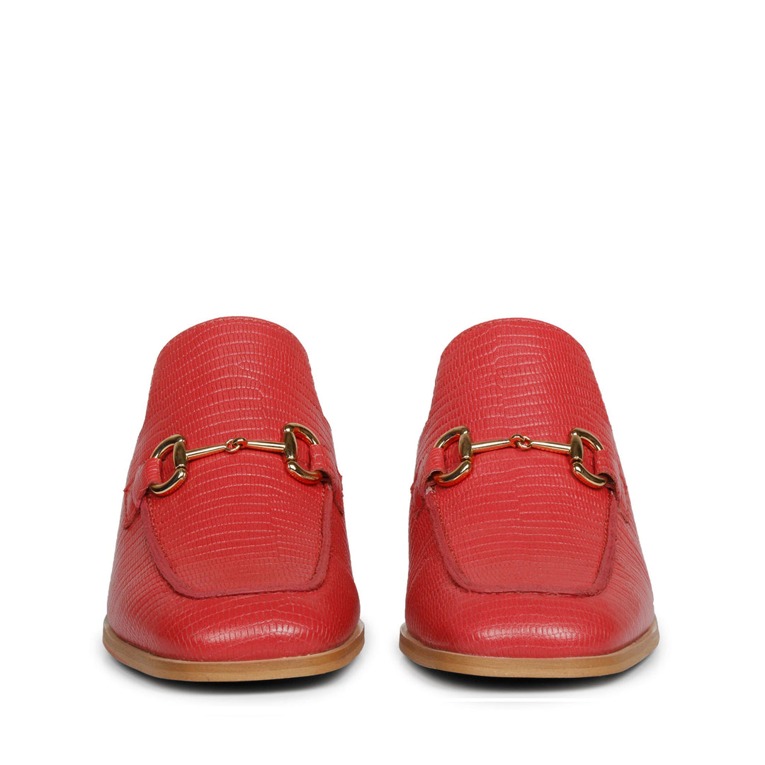 Best red lizard-print leather mules with gold horsebit, front pair view, UK