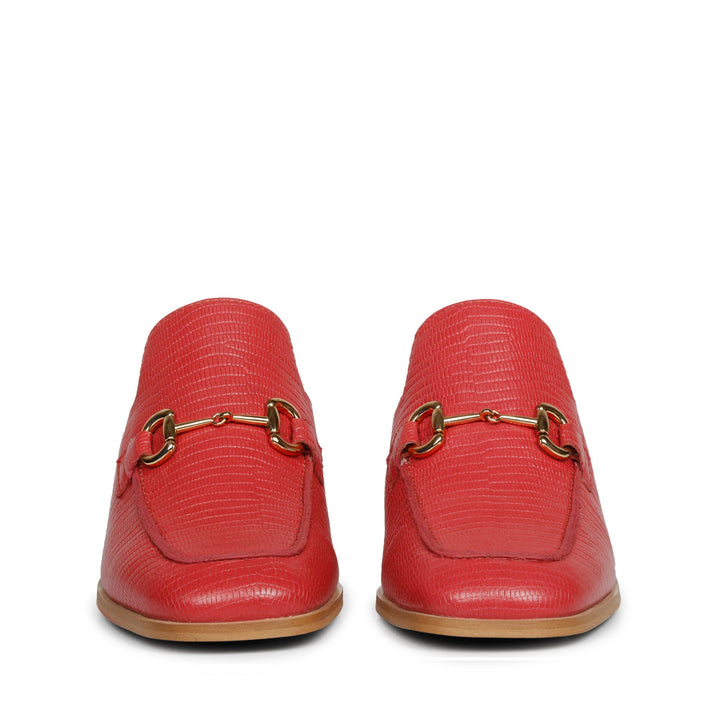 Best red lizard-print leather mules with gold horsebit, front pair view, UK