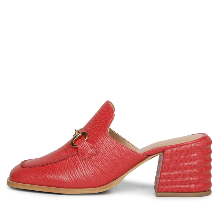 Women's red lizard-embossed leather mules, mirrored side profile, UK