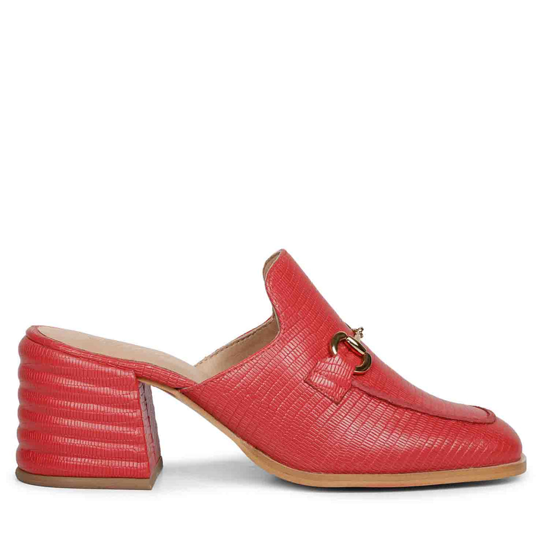 Best Women's red lizard-print leather mules, side view showing the open-back heel, UK