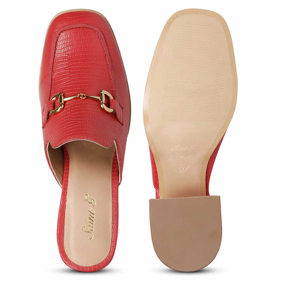 Women's red lizard-print leather mules, top and sole view, UK