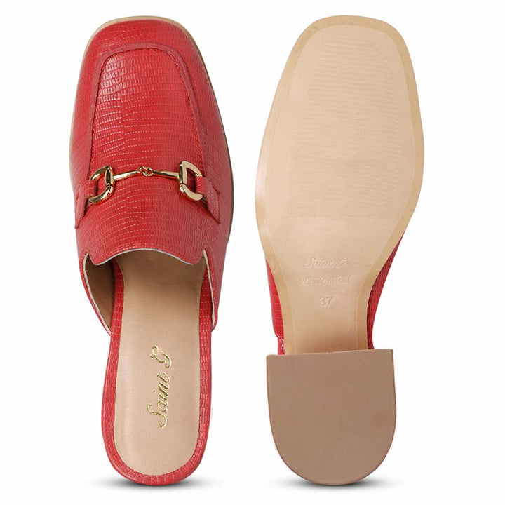 Women's red lizard-print leather mules, top and sole view, UK
