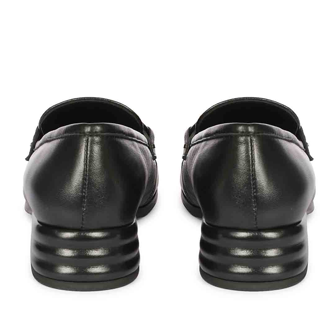 Best women's black leather horsebit moccasins – ladies heel and back view, UK