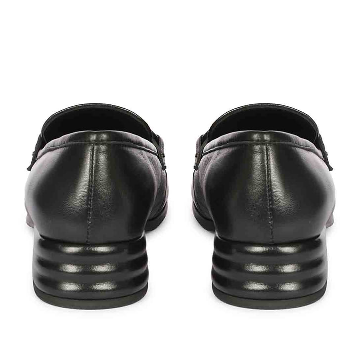 Best women's black leather horsebit moccasins – ladies heel and back view, UK