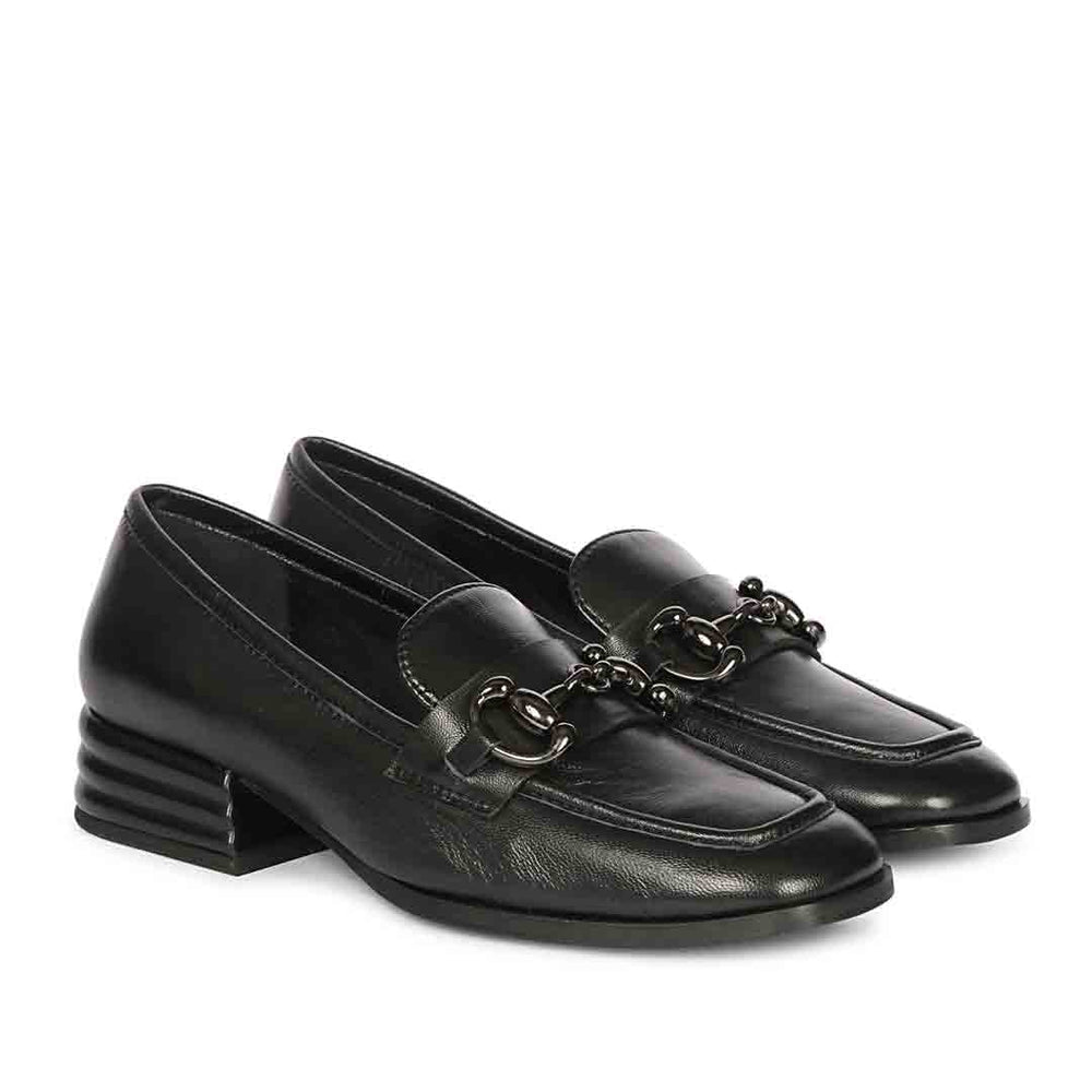 Women's black leather horsebit moccasins, ladies close-up detail – best UK