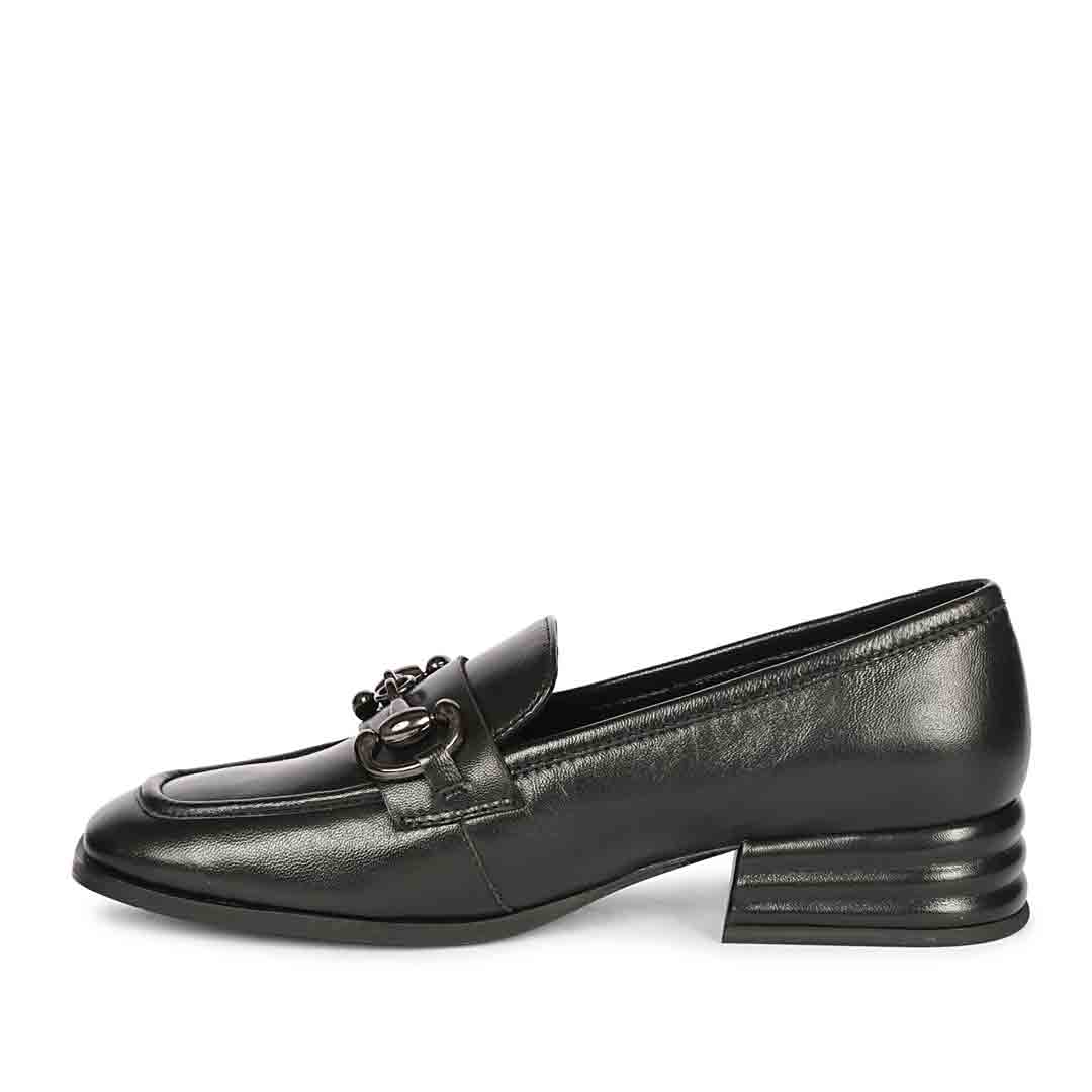 Best women's black leather horsebit moccasins, ladies texture and tassel detail, UK