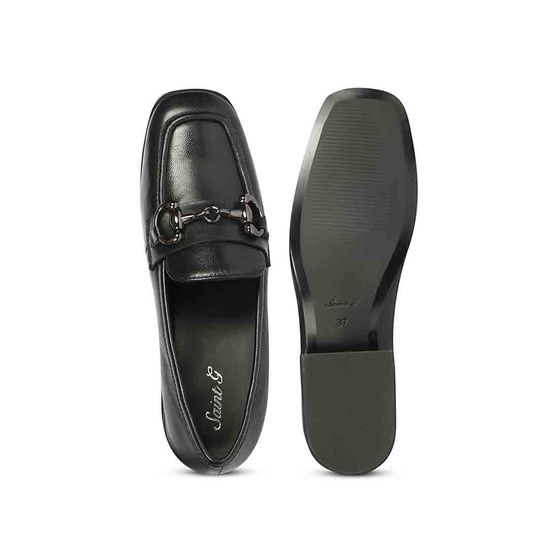 Best ladies black leather horsebit moccasins, women's top and sole flat lay, UK