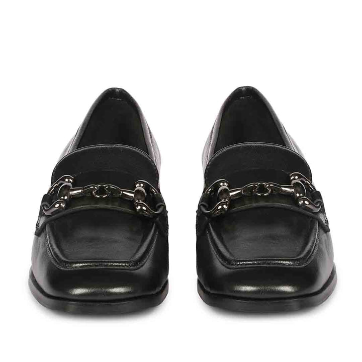 Women's black leather horsebit moccasins, ladies toe front view – best UK