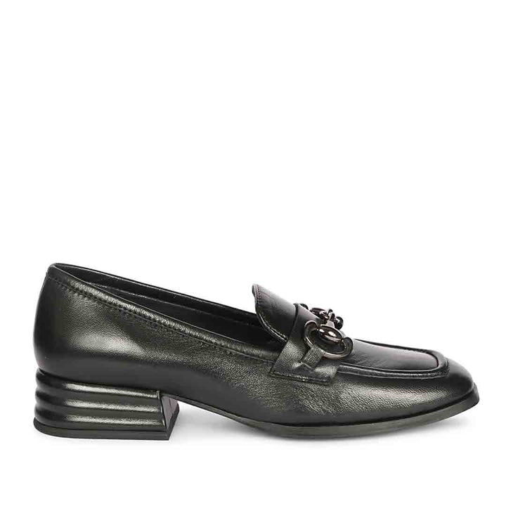 Best black leather horsebit moccasins for women – ladies side profile view, UK
