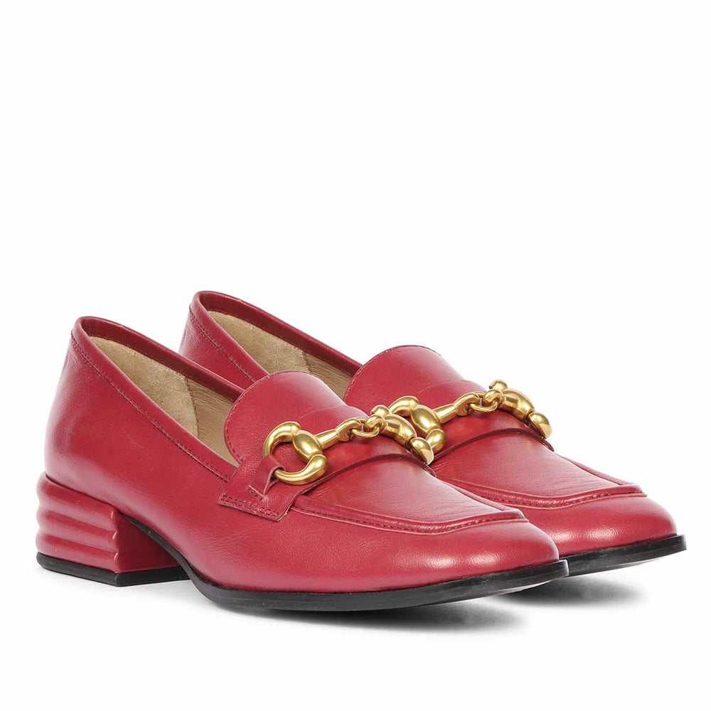 Women's Cherry Red Leather Loafers, Pair Angled View — Best Ladies Moccasins UK