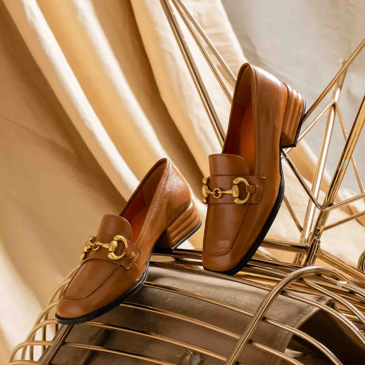 Ladies cognac leather handcrafted moccasins, pair view, UK