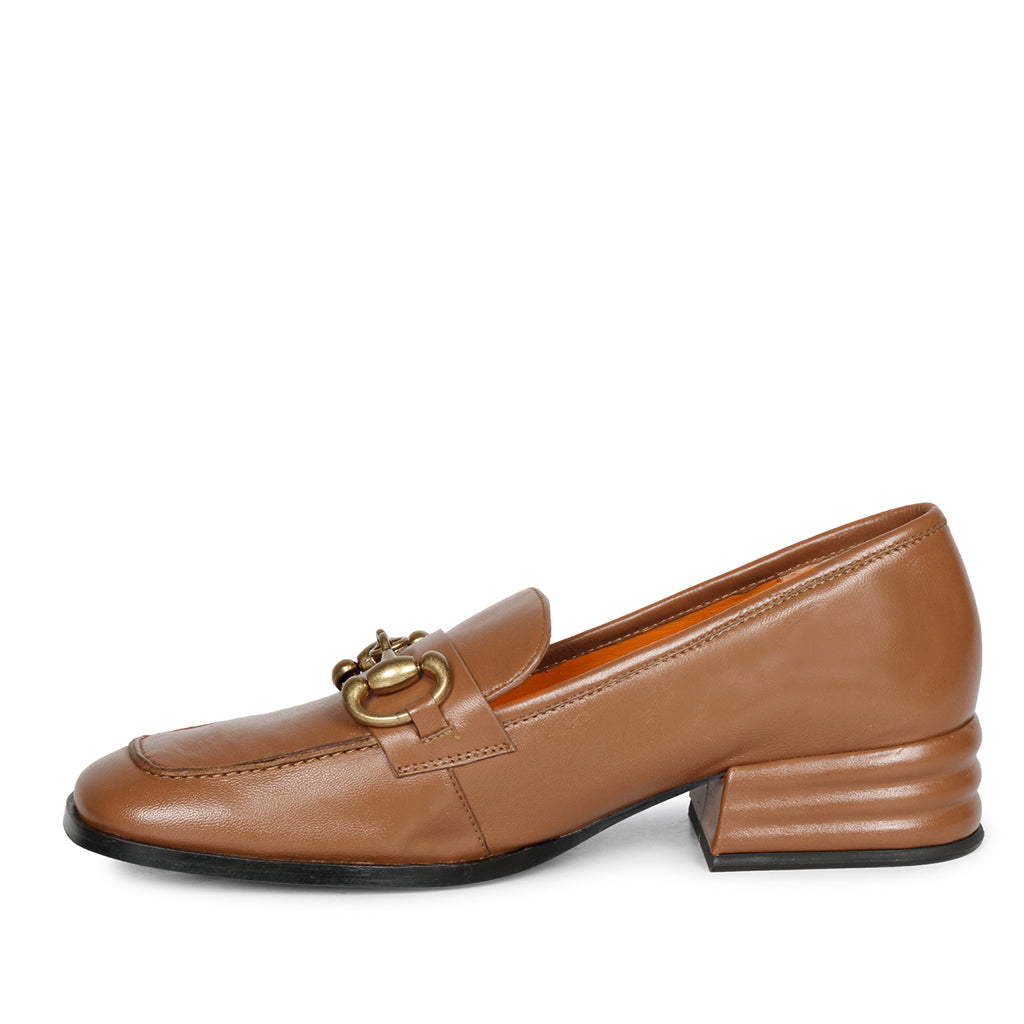 Women's best cognac leather handcrafted moccasins, top and sole view, UK