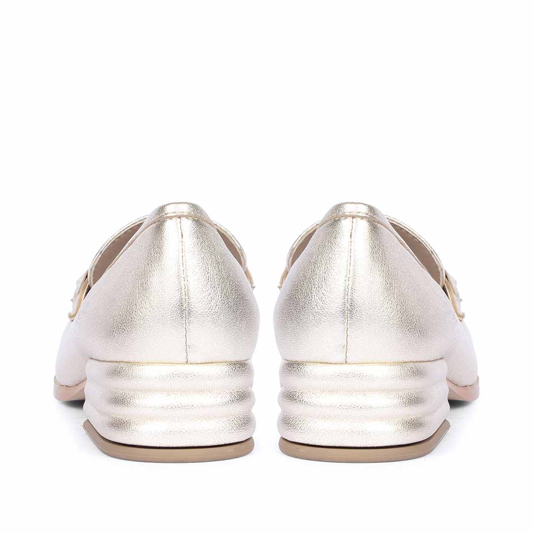 Best women's gold metallic leather horsebit moccasins – ladies heel and back view, UK