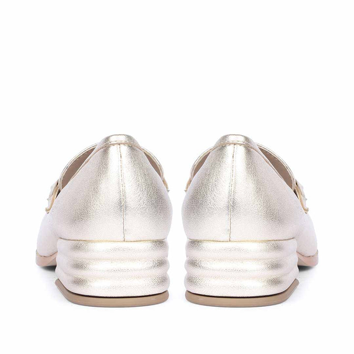 Best women's gold metallic leather horsebit moccasins – ladies heel and back view, UK