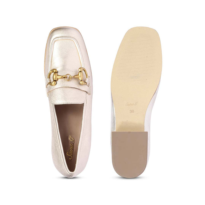 Best ladies gold metallic leather horsebit moccasins, women's top and sole flat lay, UK
