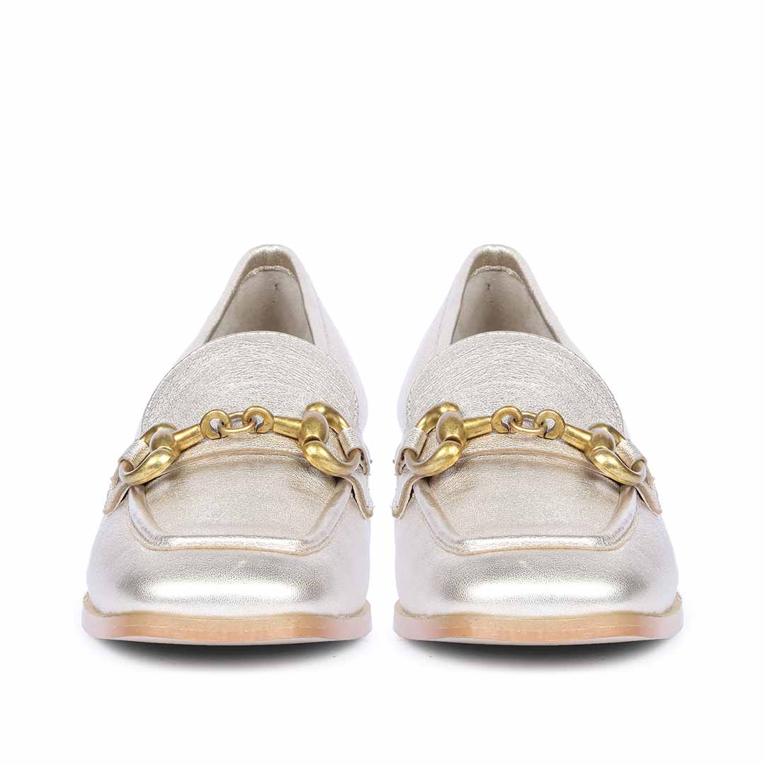 Women's gold metallic leather horsebit moccasins, ladies toe front view – best UK