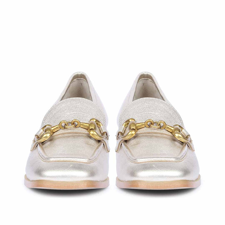 Women's gold metallic leather horsebit moccasins, ladies toe front view – best UK