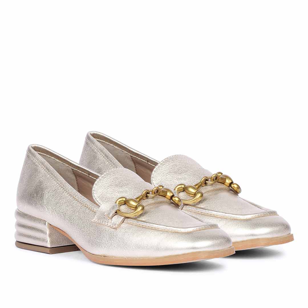 Women's gold metallic leather horsebit moccasins, ladies pair view – best sellers UK