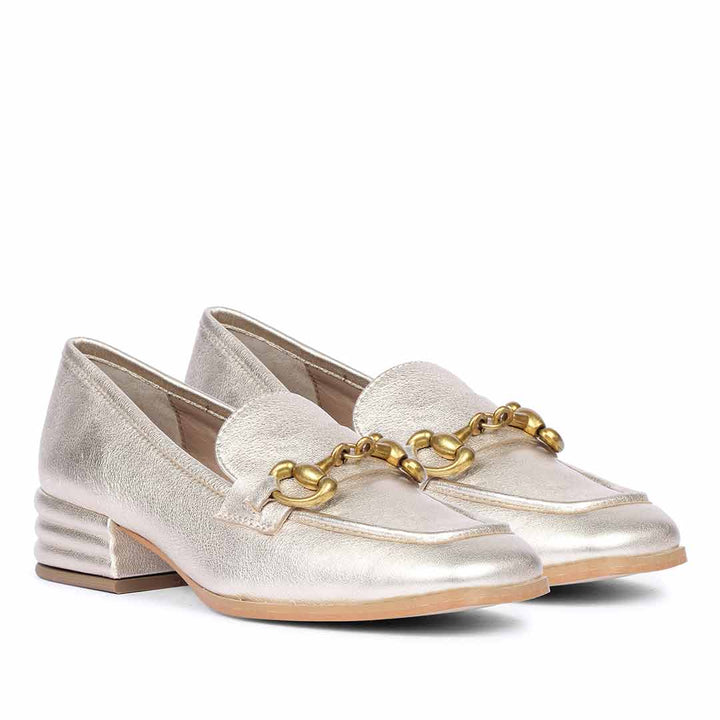 Women's gold metallic leather horsebit moccasins, ladies pair view – best sellers UK