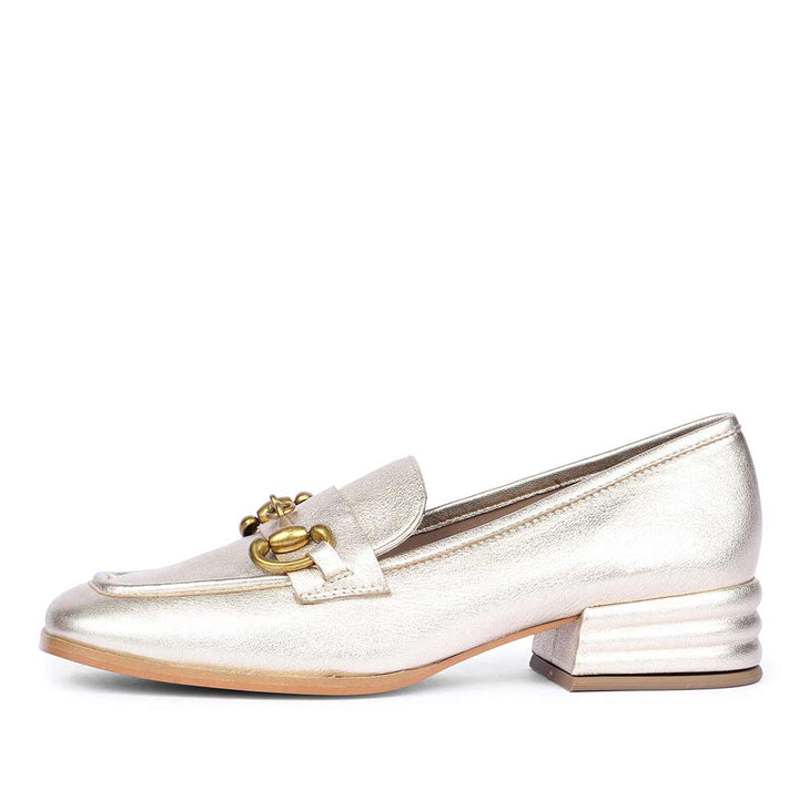 Ladies gold metallic leather horsebit moccasins, best women's side angle view, UK