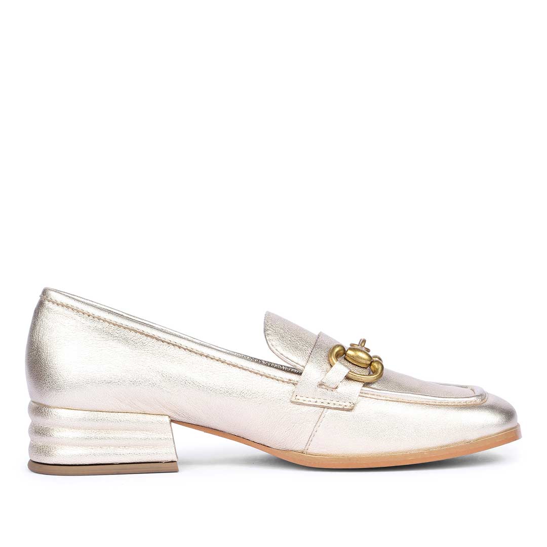 Best gold metallic leather horsebit moccasins for women – ladies side profile view, UK