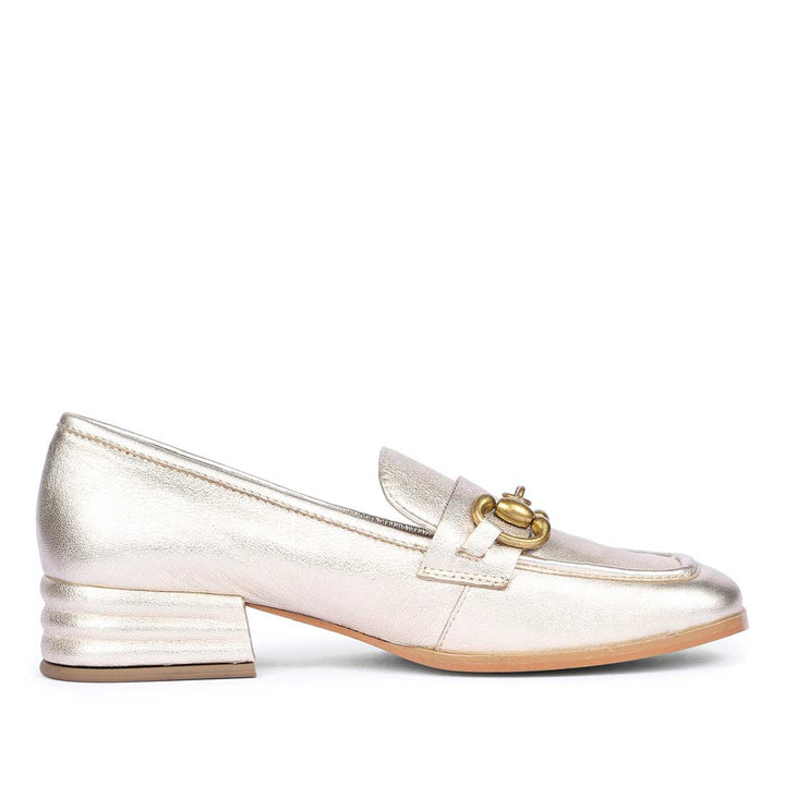 Best gold metallic leather horsebit moccasins for women – ladies side profile view, UK
