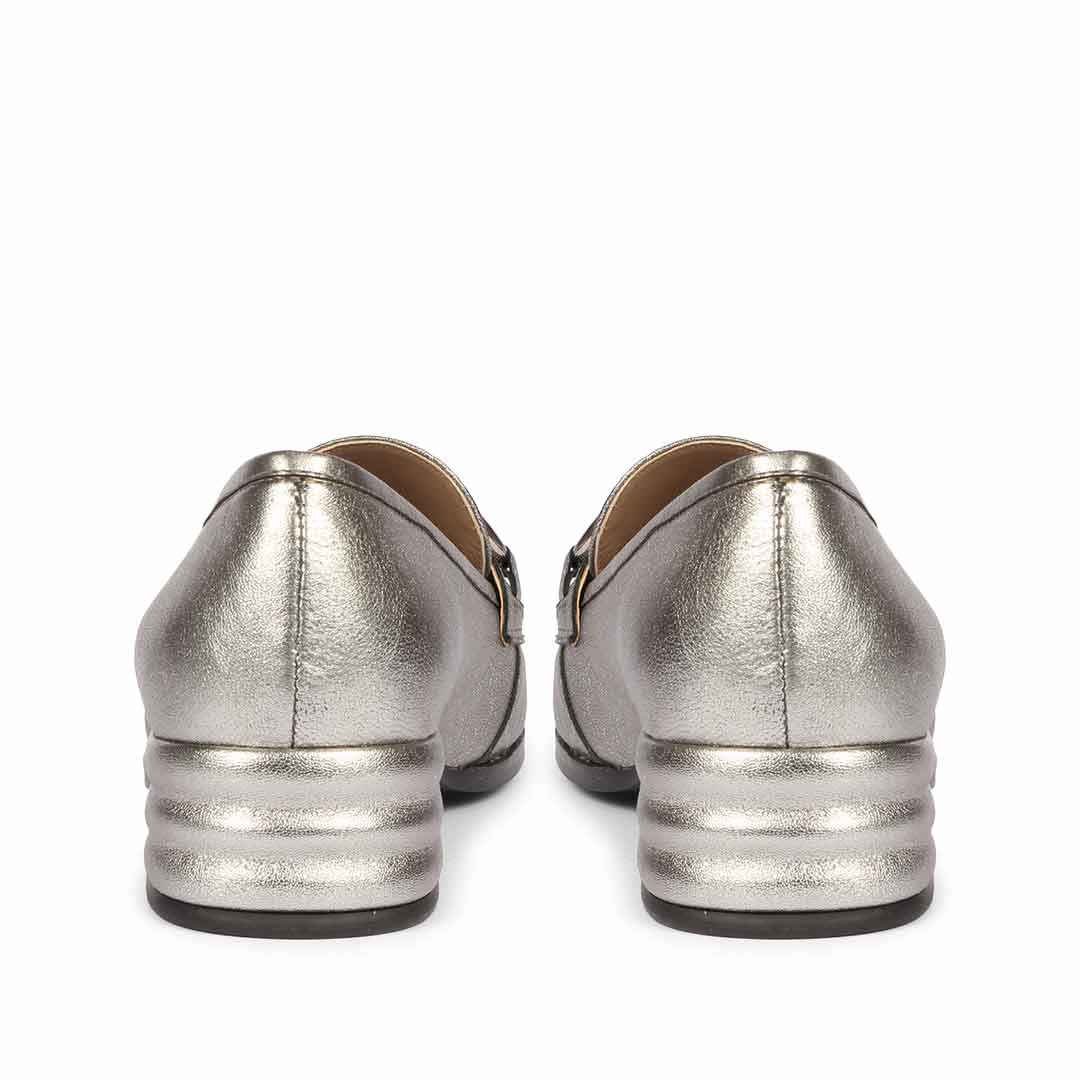 Best women's gunmetal metallic leather horsebit moccasins – ladies heel and back view, UK