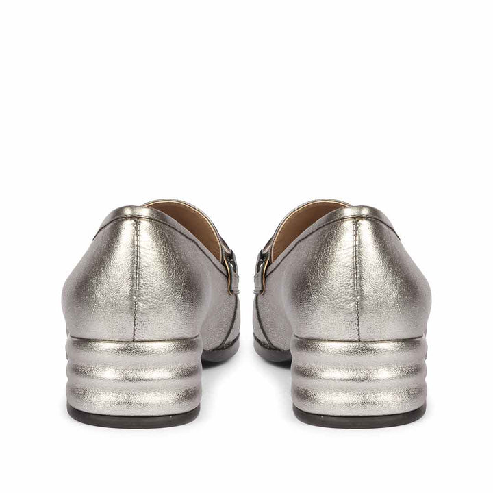 Best women's gunmetal metallic leather horsebit moccasins – ladies heel and back view, UK