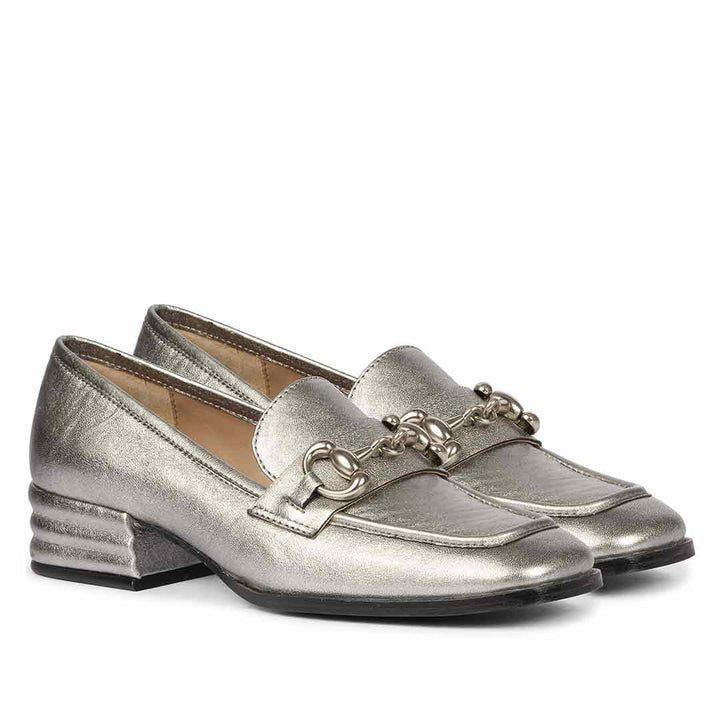 Women's gunmetal metallic leather horsebit moccasins, ladies pair view – best sellers UK