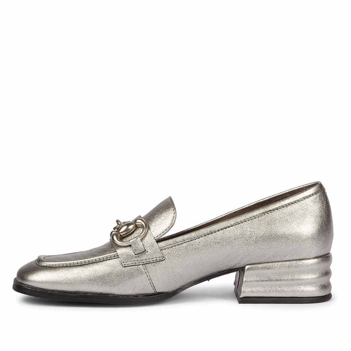 Ladies gunmetal metallic leather horsebit moccasins, best women's side angle view, UK