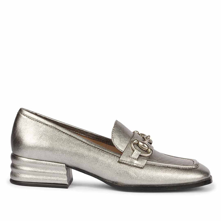 Best gunmetal metallic leather horsebit moccasins for women – ladies side profile view, UK