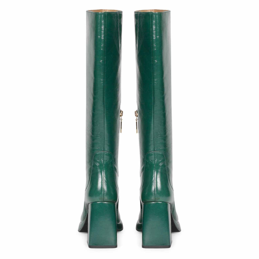 Saint Jolene green patent leather knee high boots, back pair view showing flared heel