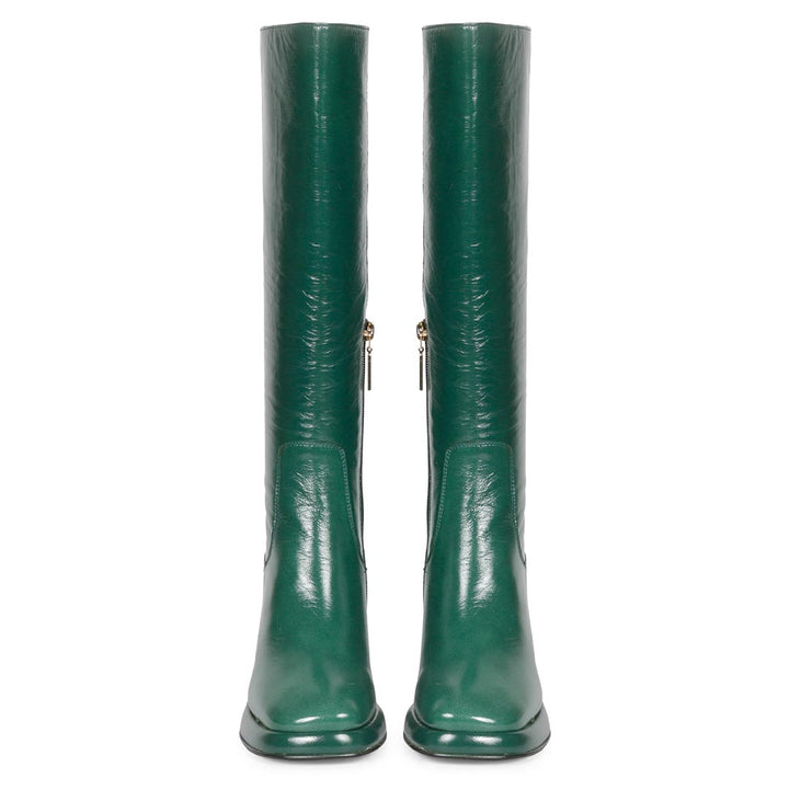 Women's green patent leather knee high boots, front pair view