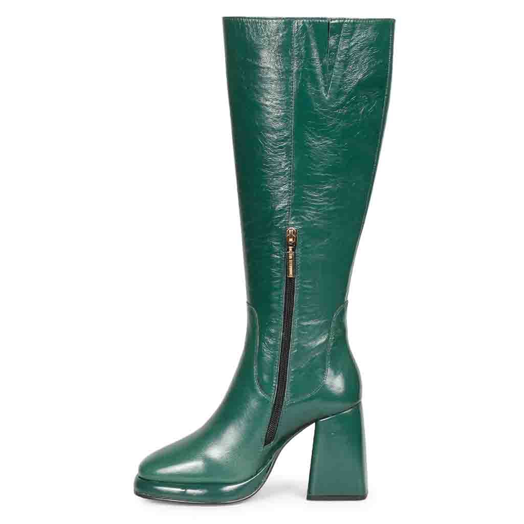 Saint Jolene green patent knee high boots, alternate side view showing zip closure