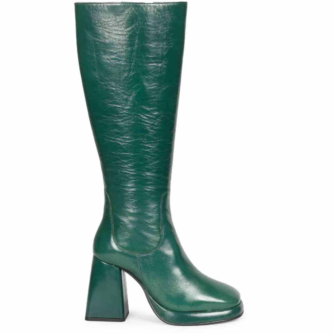 Saint Jolene green patent leather knee high boots for women, side view of flared block heel
