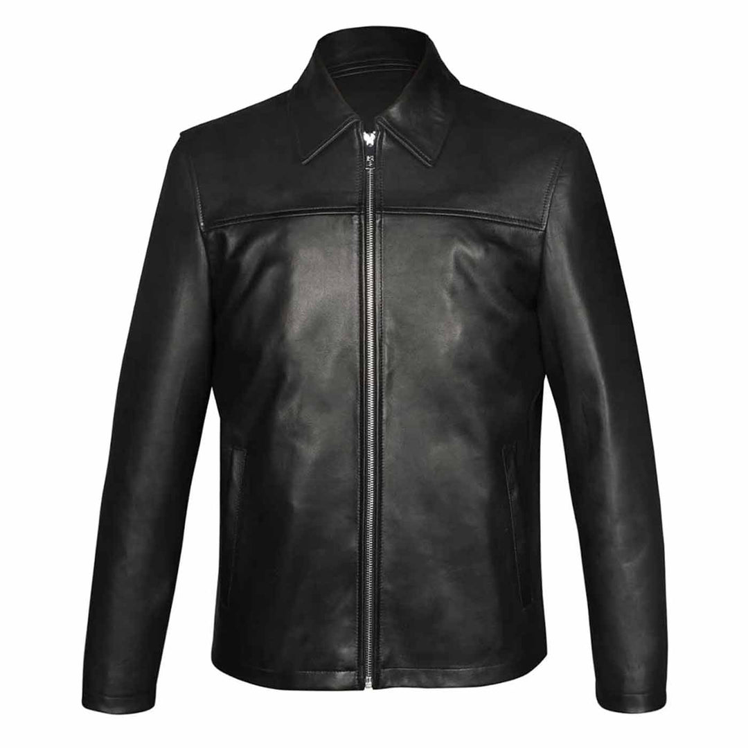 Black leather jacket with a shirt collar, shown zipped on a plain background.