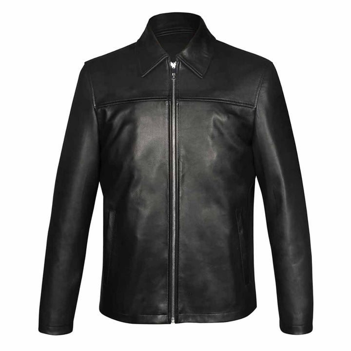 Black leather jacket with a shirt collar, shown zipped on a plain background.