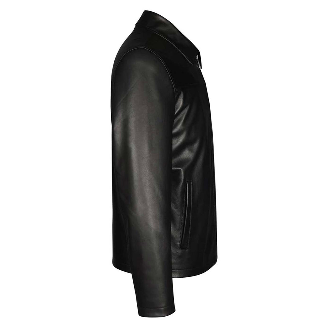 Close-up side view of a black leather jacket's collar and sleeve.